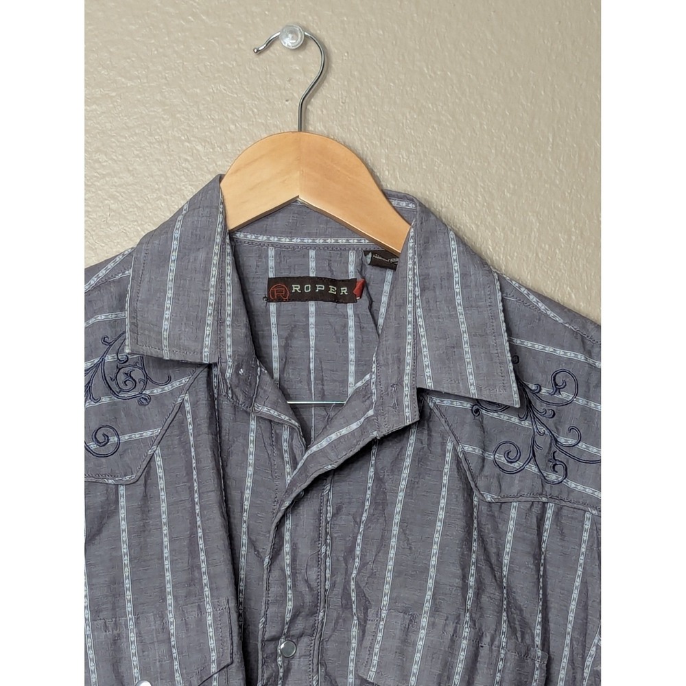 Roper Western Shirt Mens Large Grey Stripe Pearl Snap Embroidered 1-01-017-310GY - Picture 3 of 16